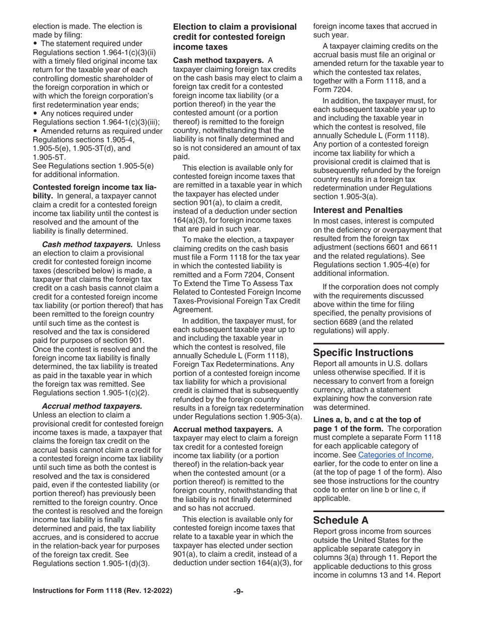 Instructions for IRS Form 1118 Foreign Tax Credit - Corporations, Page 9
