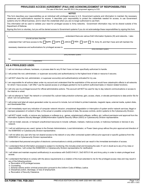 DA Form 7789  Printable Pdf