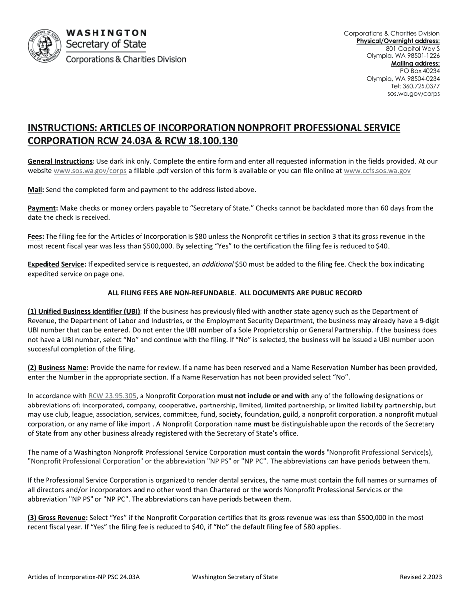Washington Articles of Incorporation Washington Nonprofit