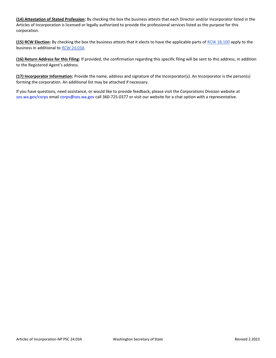 Articles of Incorporation - Washington Nonprofit Professional Service Corporation - Washington, Page 3