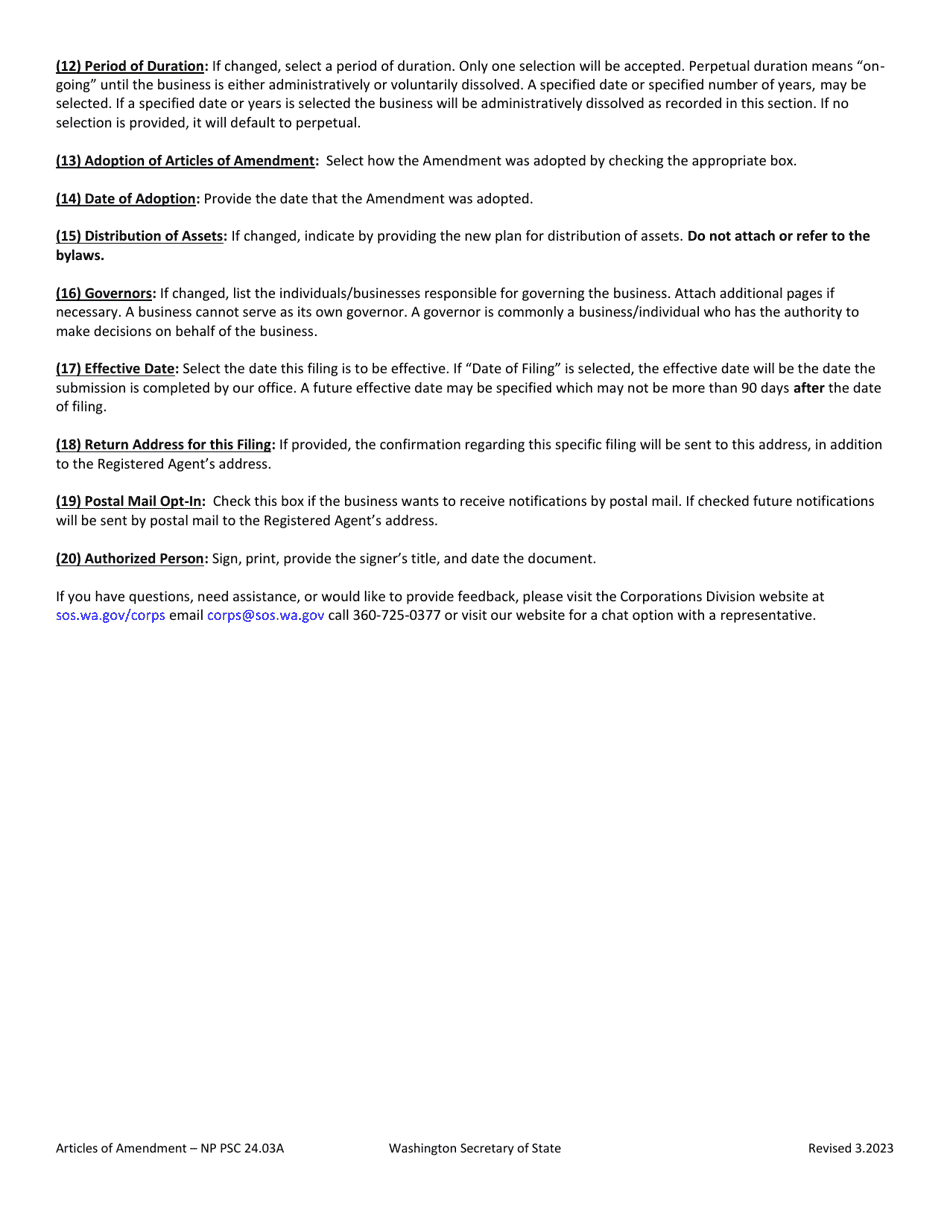 Articles of Amendment - Washington Nonprofit Professional Service Corporation - Washington, Page 3