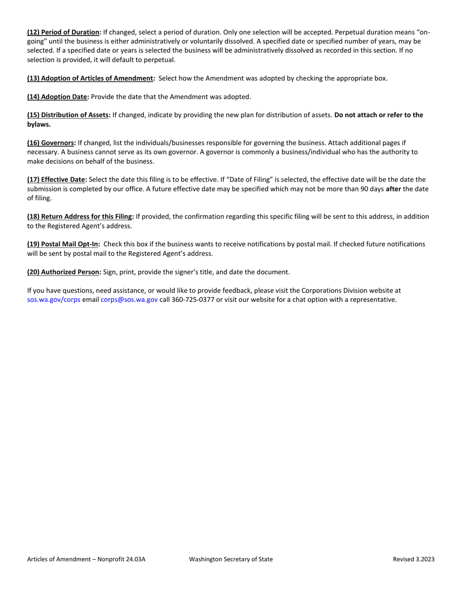 Articles of Amendment - Washington Nonprofit Corporation - Washington, Page 3