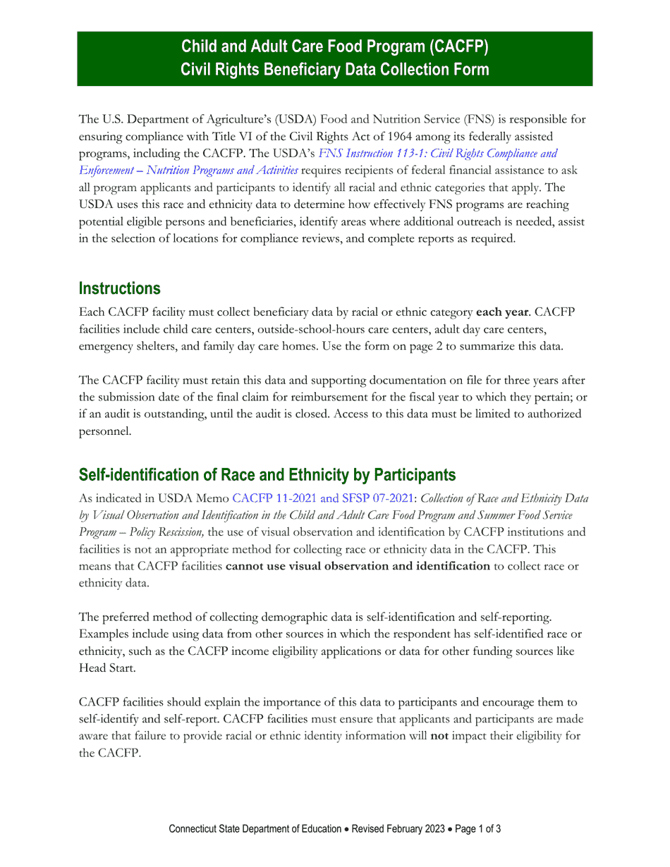 CACFP Civil Rights Beneficiary Data Collection Form - Connecticut, Page 1