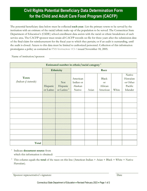 Civil Rights Potential Beneficiary Data Determination Form for the Child and Adult Care Food Program (CACFP) - Connecticut Download Pdf