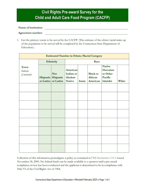 Civil Rights Pre-award Survey for the Child and Adult Care Food Program (CACFP) - Connecticut Download Pdf