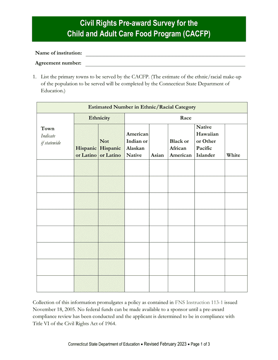 Civil Rights Pre-award Survey for the Child and Adult Care Food Program (CACFP) - Connecticut, Page 1