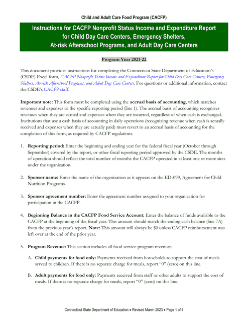 Instructions for CACFP Nonprofit Status Income and Expenditure Report for Child Day Care Centers, Emergency Shelters, at-Risk Afterschool Programs, and Adult Day Care Centers - Connecticut Download Pdf