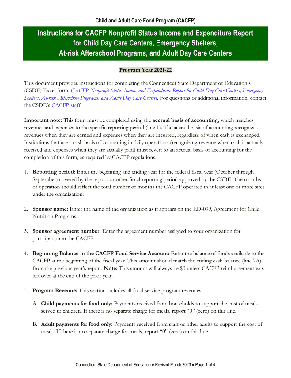 Instructions for CACFP Nonprofit Status Income and Expenditure Report for Child Day Care Centers, Emergency Shelters, at-Risk Afterschool Programs, and Adult Day Care Centers - Connecticut, Page 1