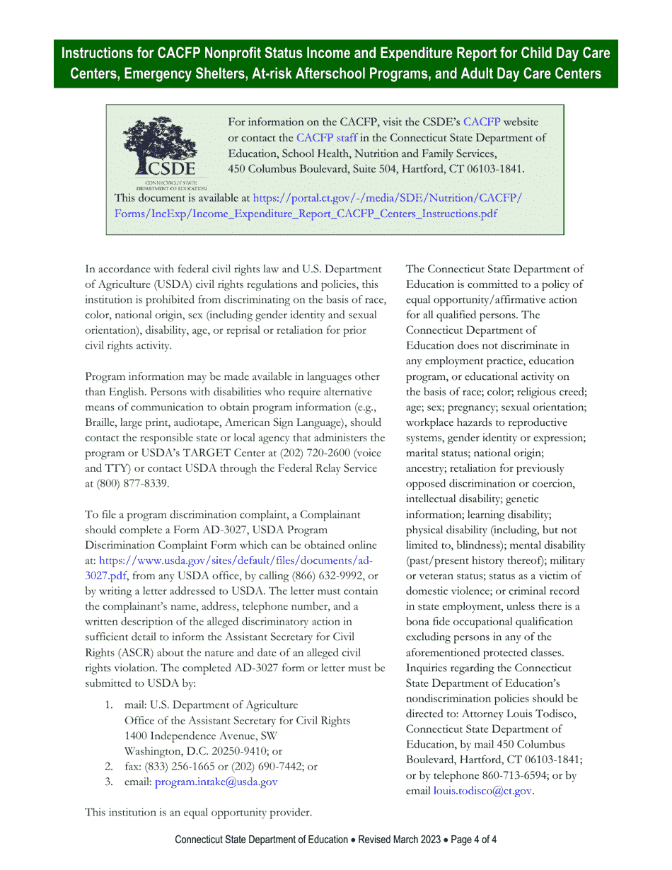 Instructions for CACFP Nonprofit Status Income and Expenditure Report for Child Day Care Centers, Emergency Shelters, at-Risk Afterschool Programs, and Adult Day Care Centers - Connecticut, Page 4