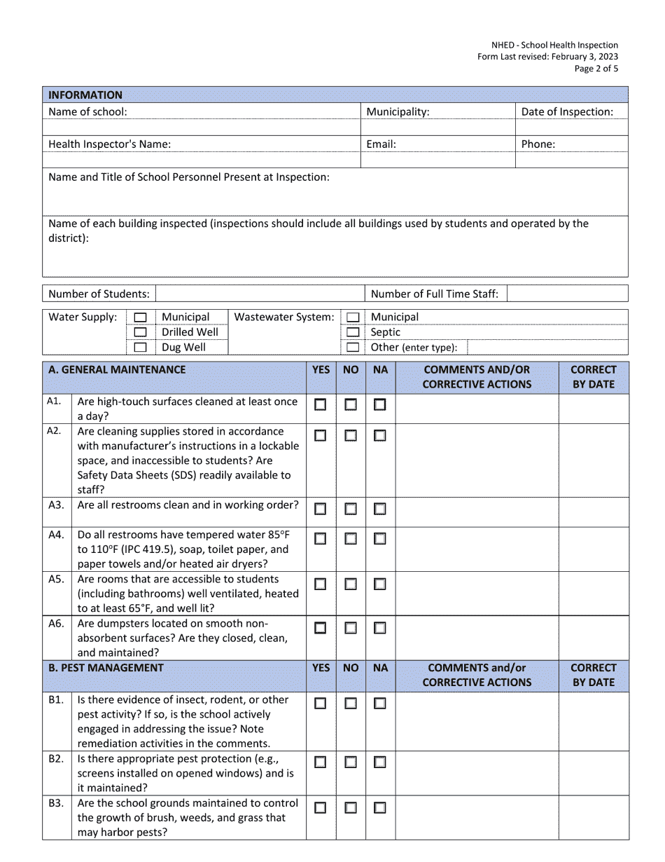 New Hampshire School Health Inspection Form Download Fillable PDF 2020 ...