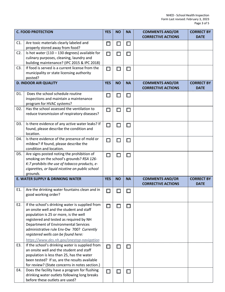 School Health Inspection Form - New Hampshire, Page 3