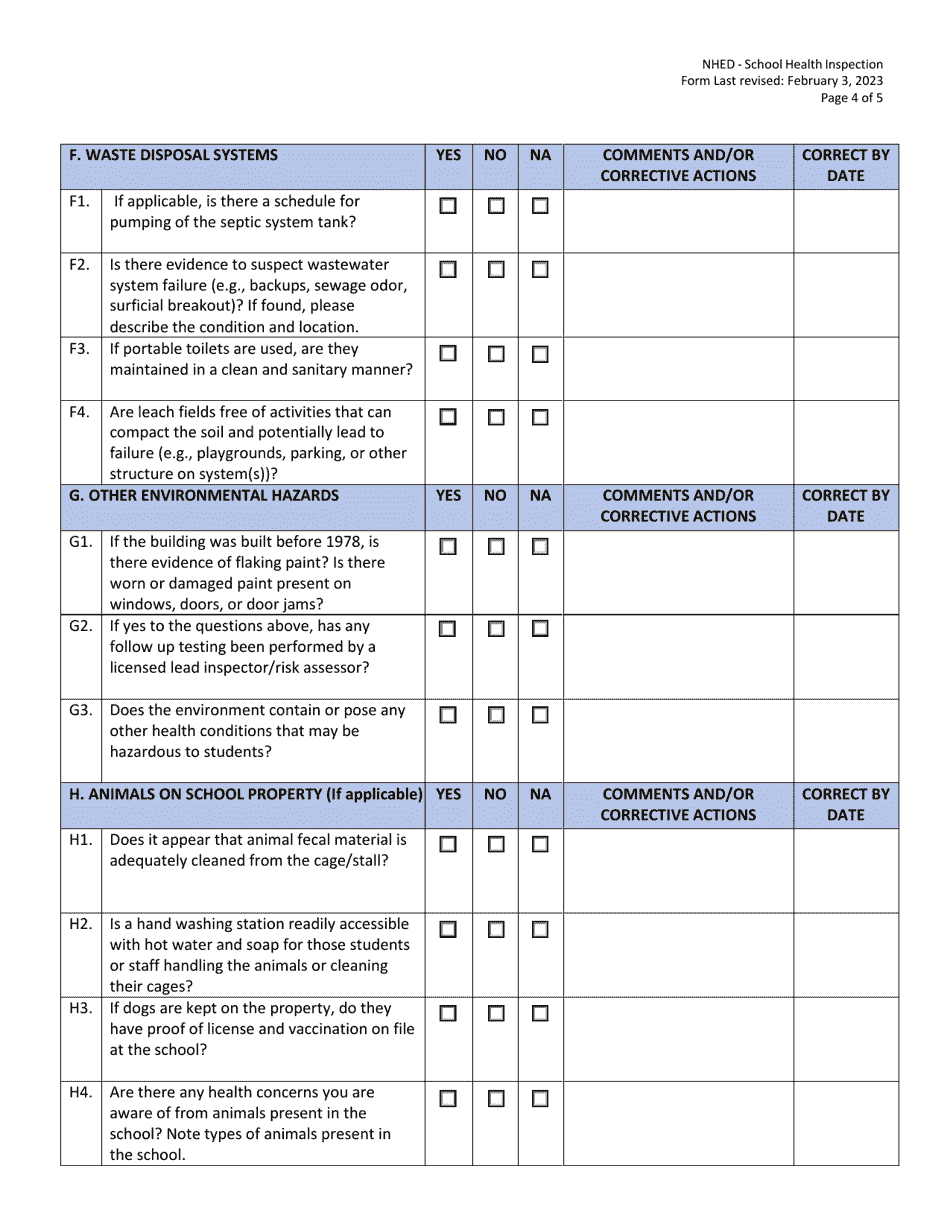 School Health Inspection Form - New Hampshire, Page 4