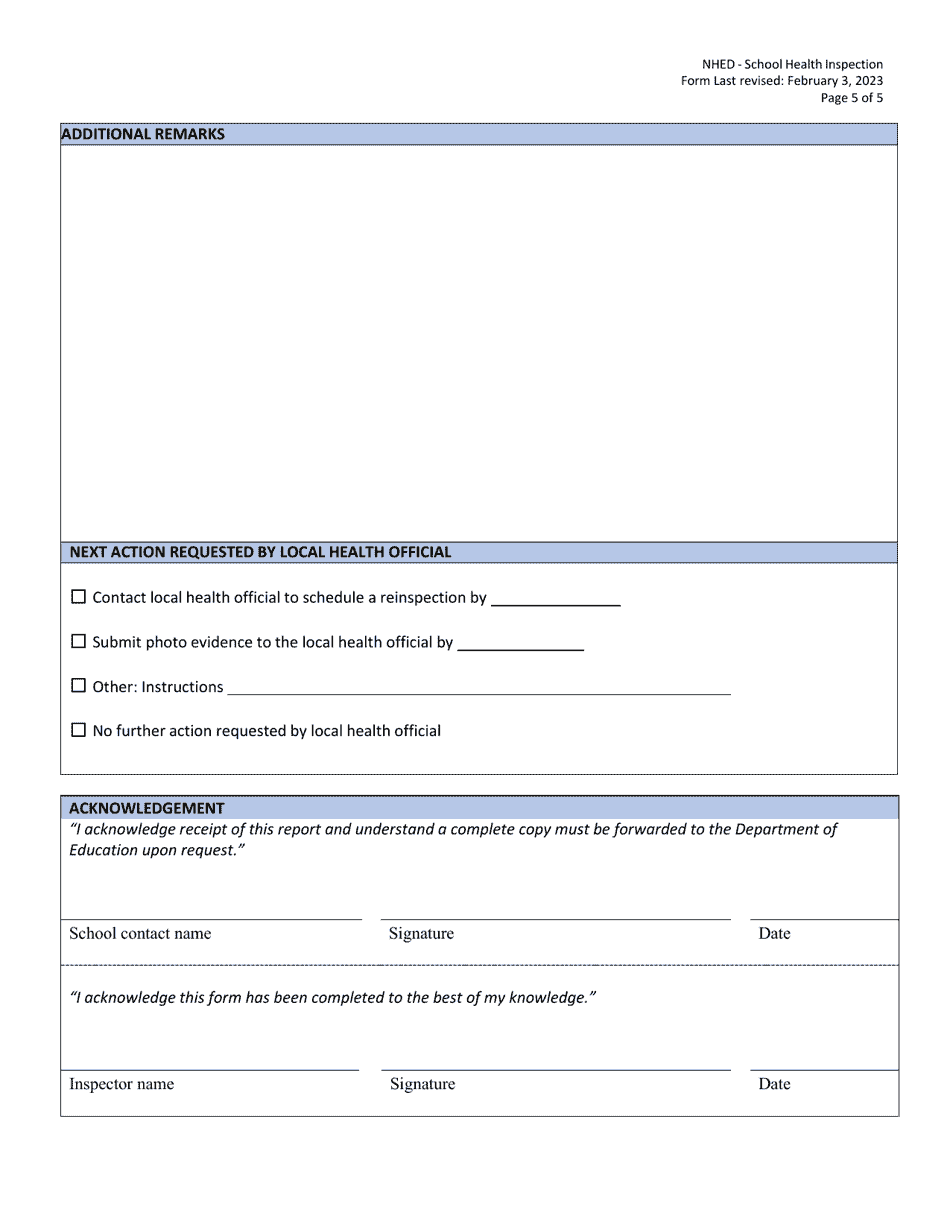 School Health Inspection Form - New Hampshire, Page 5