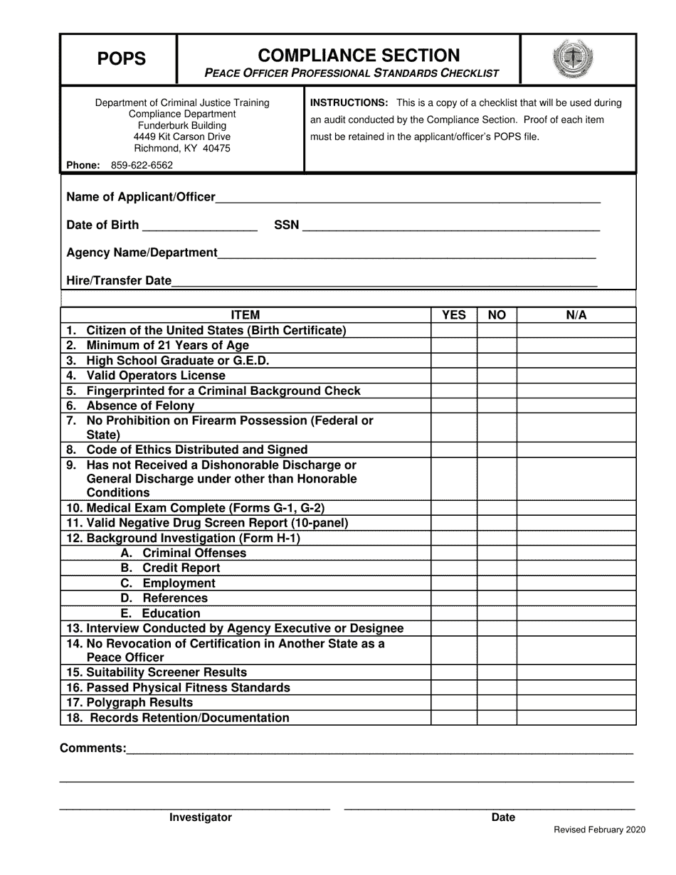 Form POPS Peace Officer Professional Standards Checklist - Kentucky, Page 1
