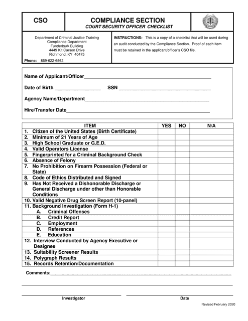 Form CSO Court Security Officer Checklist - Kentucky