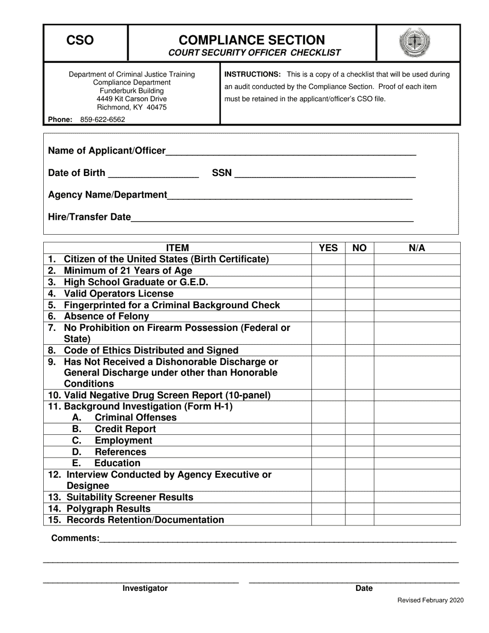 Form CSO Court Security Officer Checklist - Kentucky, Page 1