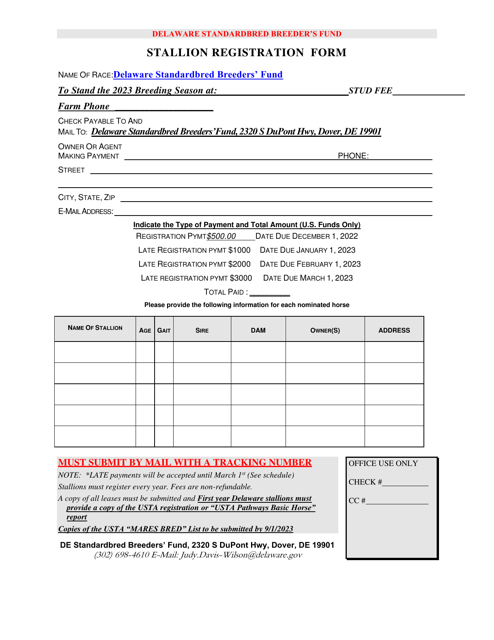 Stallion Registration Form - Delaware Download Pdf