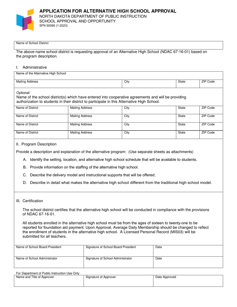 Form SFN50090 Application for Alternative High School Approval - North Dakota, Page 1