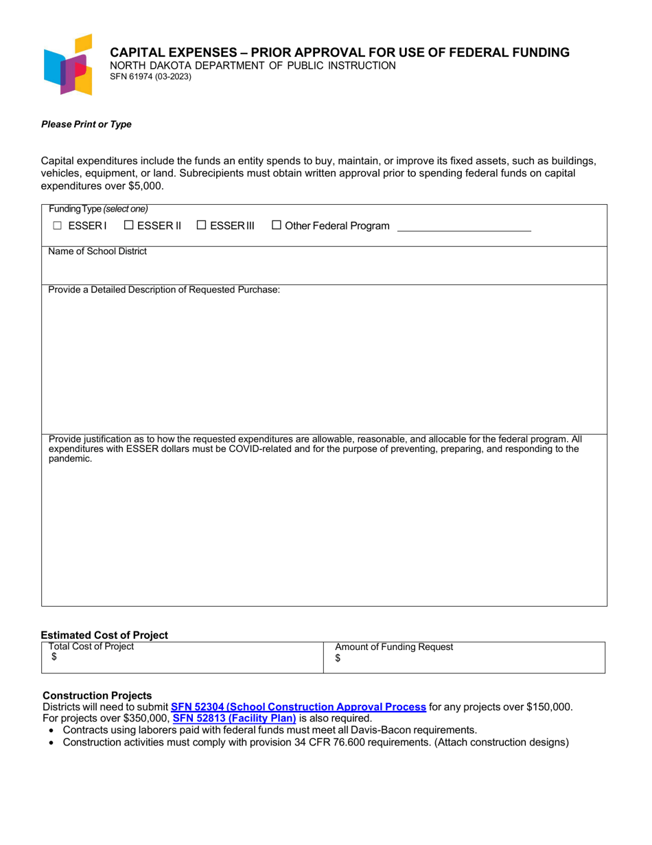 Form SFN61974 Capital Expenses - Prior Approval for Use of Federal Funding - North Dakota, Page 1