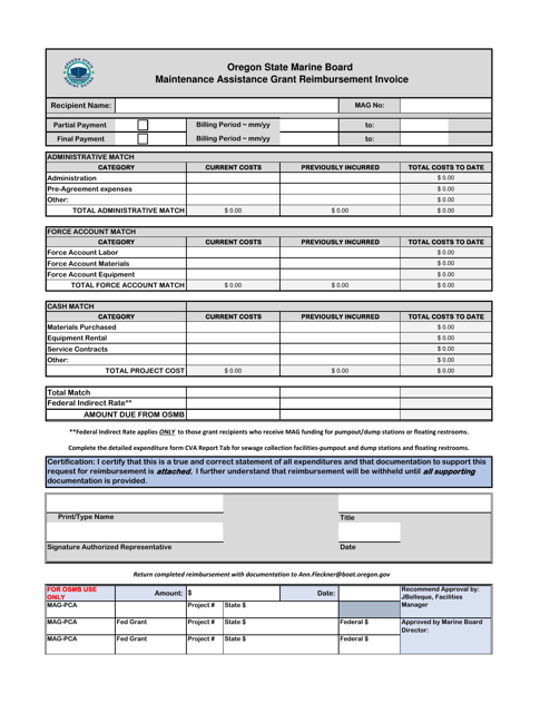 Maintenance Assistance Grant Reimbursement Invoice - Oregon
