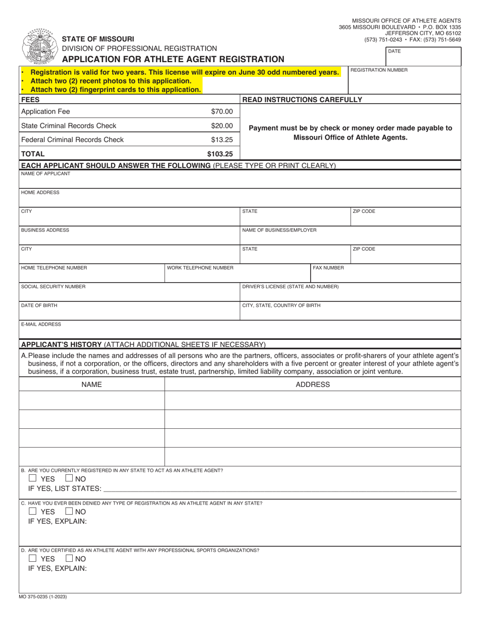 Form MO375-0235 Application for Athlete Agent Registration - Missouri (English / Spanish), Page 1