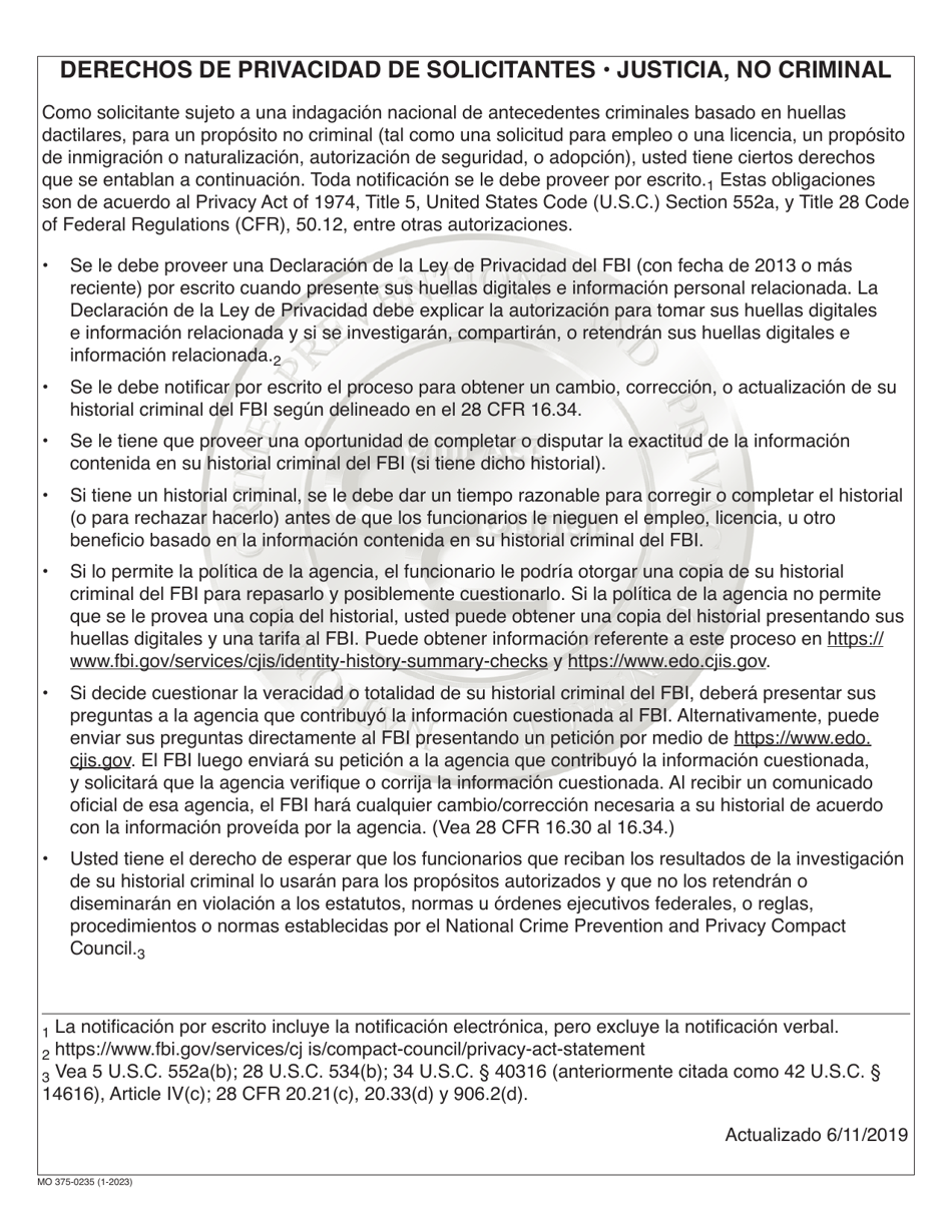 Form MO375-0235 Application for Athlete Agent Registration - Missouri (English / Spanish), Page 7