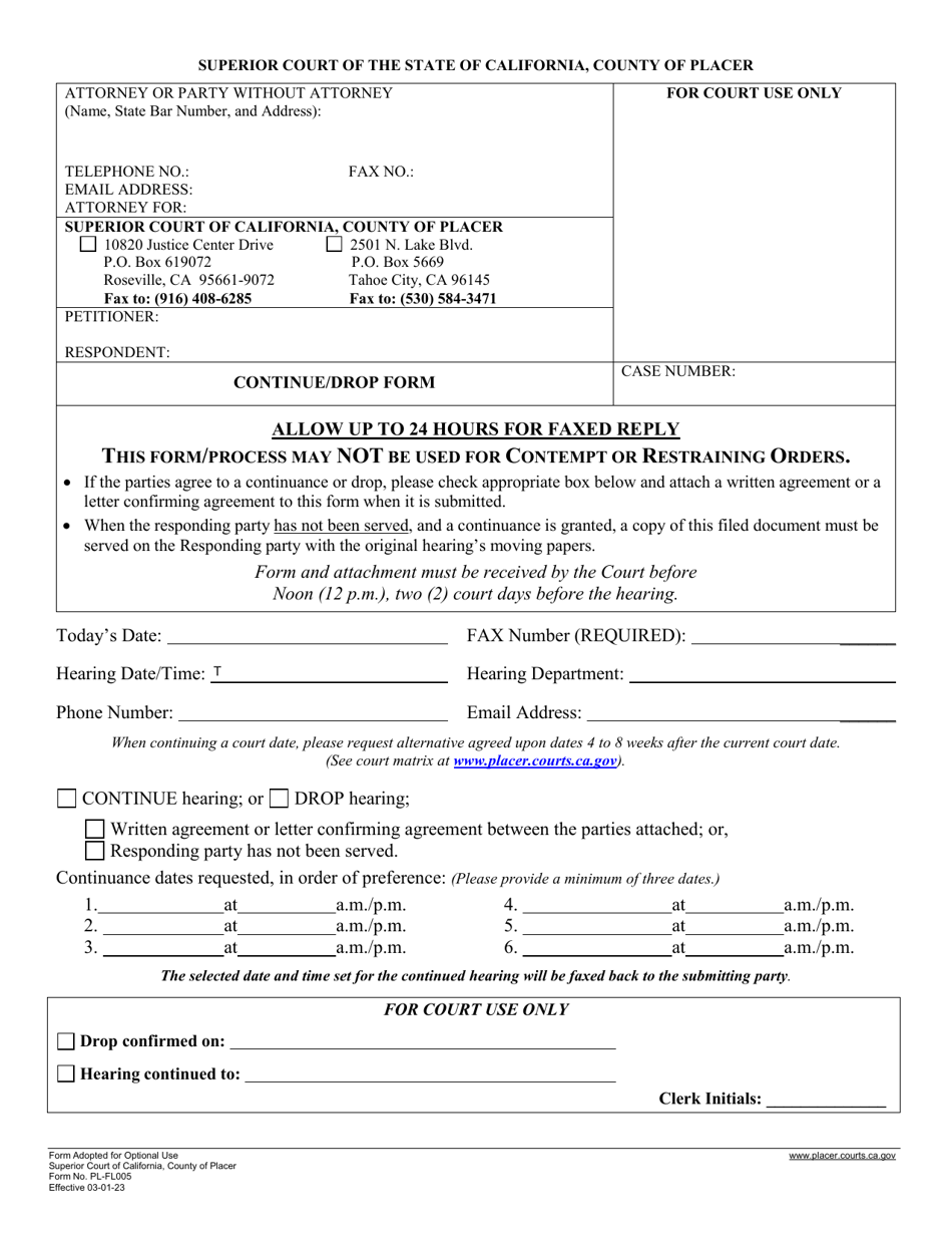 Form PL-FL005 Continue / Drop Form - County of Placer, California, Page 1