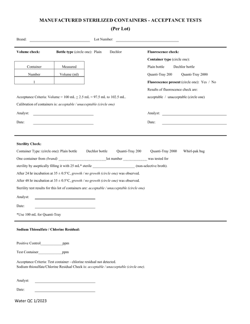 Manufactured Sterilized Containers - Acceptance Tests (Per Lot) - Illinois Download Pdf