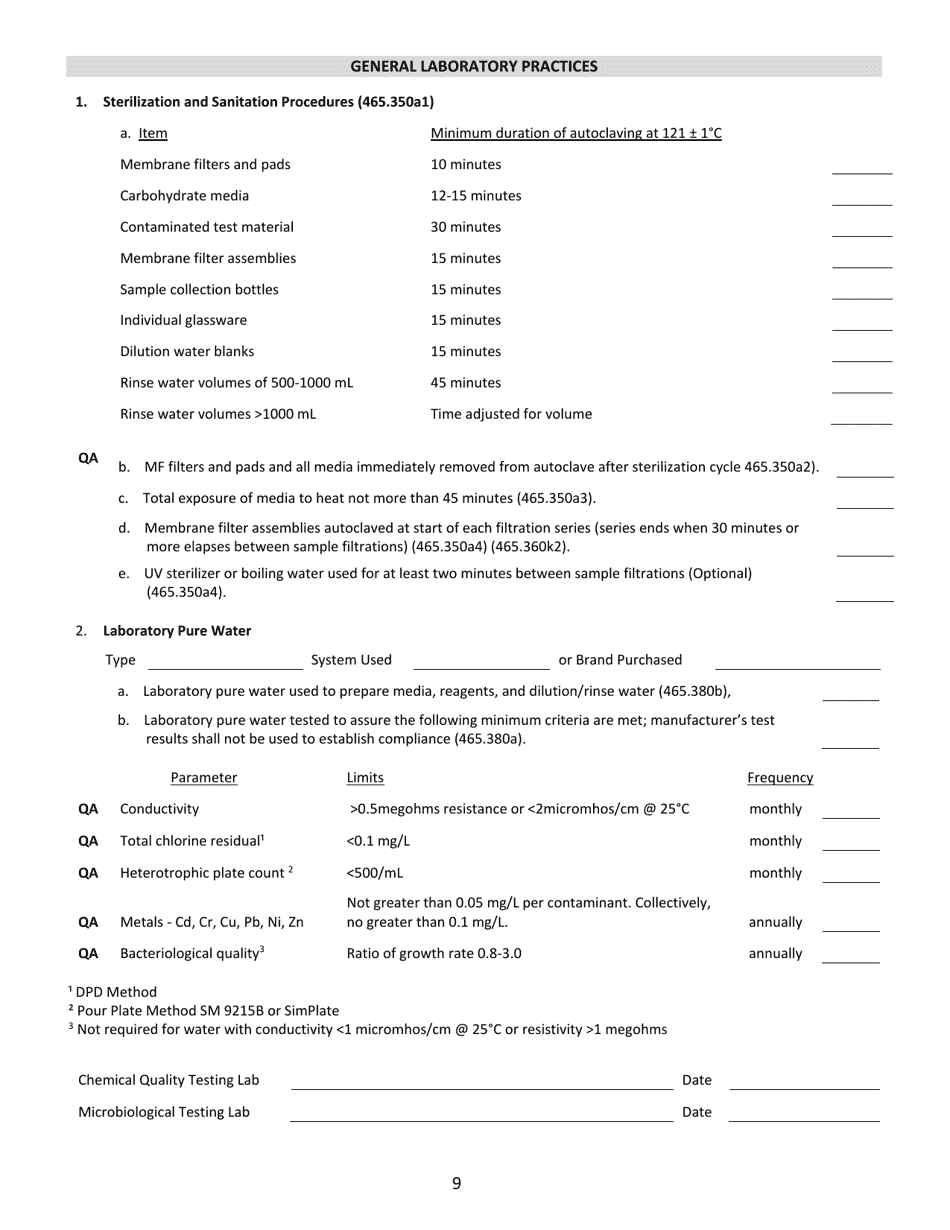 Water Microbiology Laboratory Evaluation Form - Illinois, Page 9