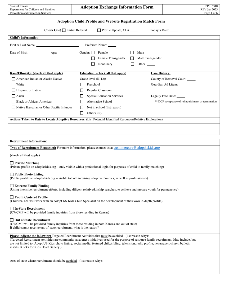 Form PPS5310 Adoption Exchange Information Form - Kansas, Page 1