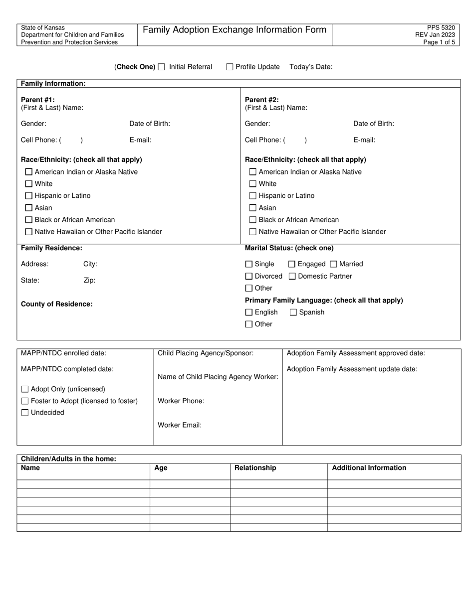 Form PPS5320 Family Adoption Exchange Information Form - Kansas, Page 1