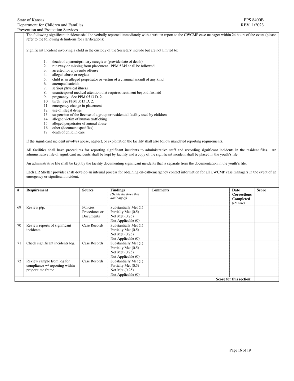 Form PPS8400B Emergency Shelter Site Visit Tool - Kansas, Page 16