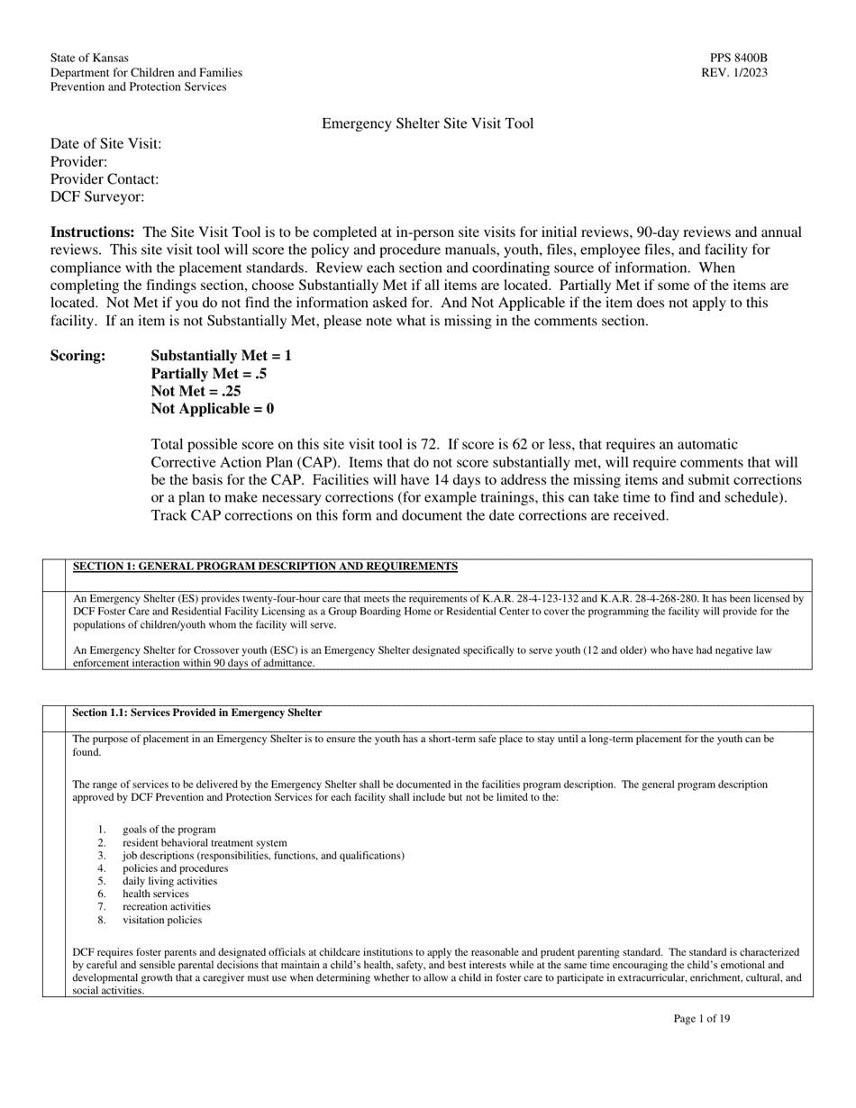 Form PPS8400B Emergency Shelter Site Visit Tool - Kansas, Page 1