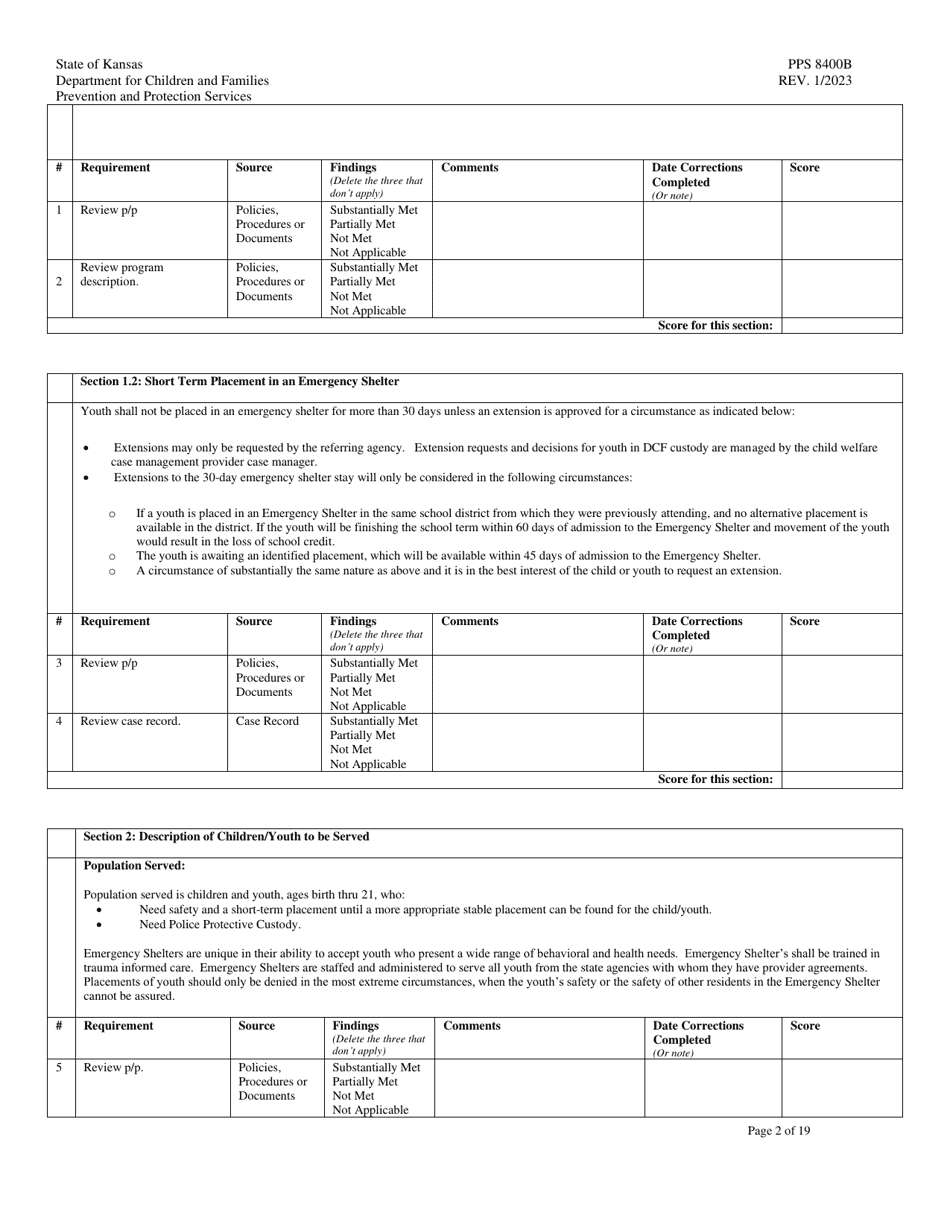 Form PPS8400B Emergency Shelter Site Visit Tool - Kansas, Page 2