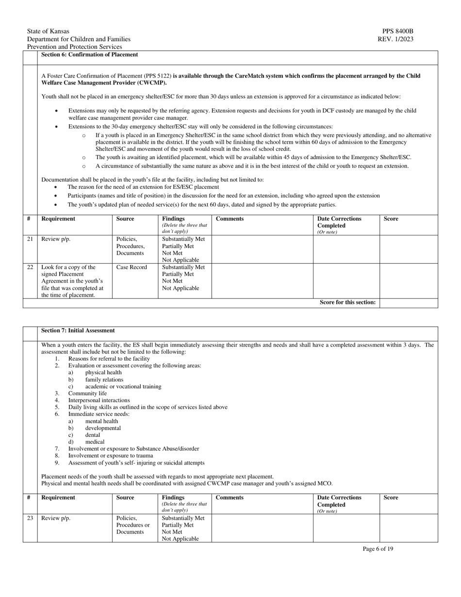 Form PPS8400B Emergency Shelter Site Visit Tool - Kansas, Page 6