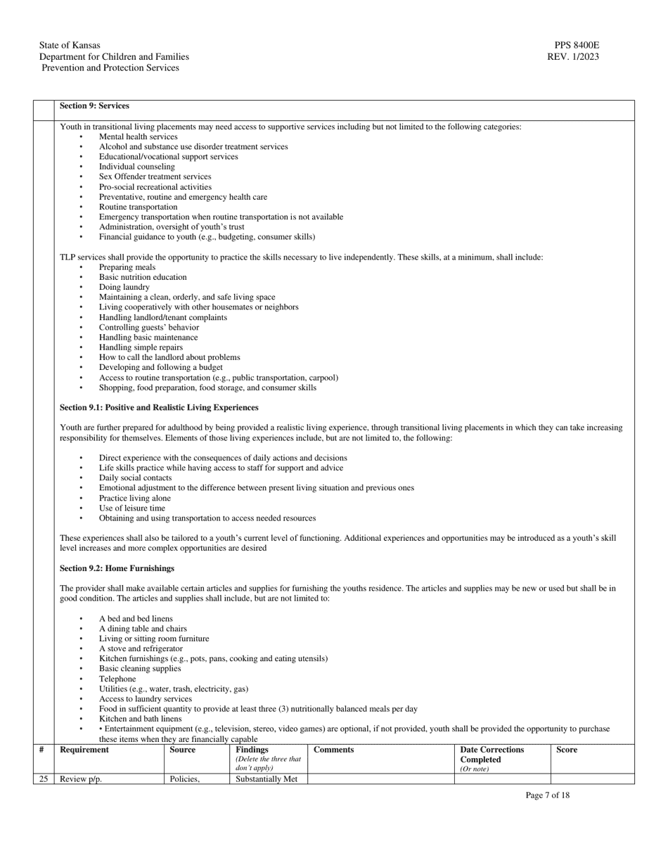 Form PPS8400E Transitional Living Program (Tlp) Site Visit Tool - Kansas, Page 7