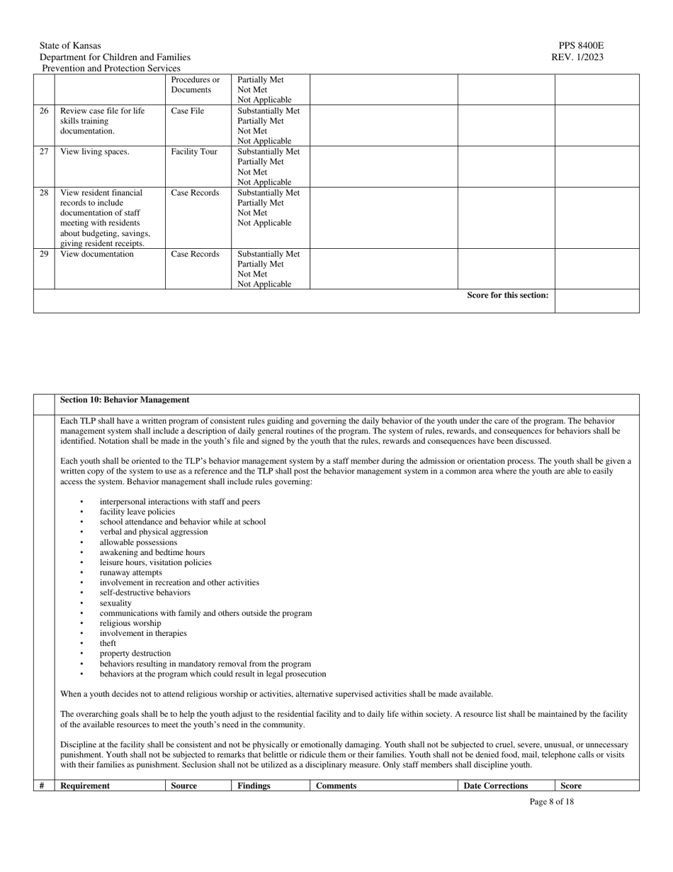 Form PPS8400E Transitional Living Program (Tlp) Site Visit Tool - Kansas, Page 8
