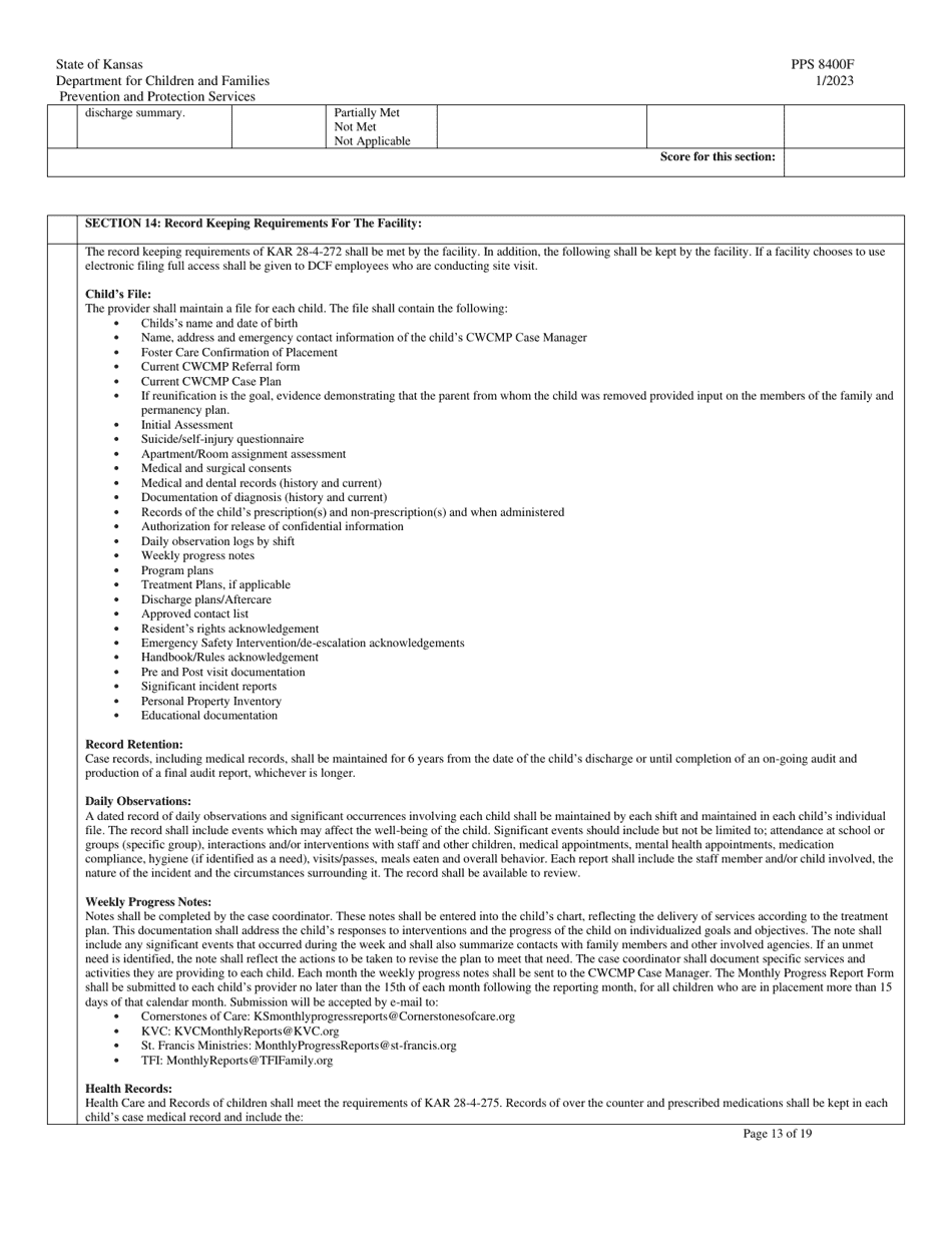 Form PPS8400F Staff Secure Facility (Ssf) Site Visit Tool - Kansas, Page 13