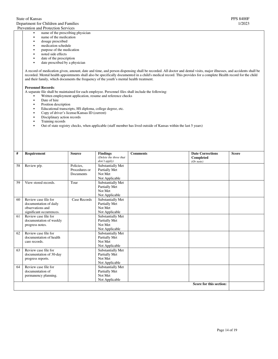 Form PPS8400F Staff Secure Facility (Ssf) Site Visit Tool - Kansas, Page 14