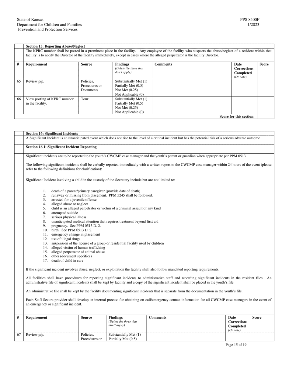 Form PPS8400F Staff Secure Facility (Ssf) Site Visit Tool - Kansas, Page 15