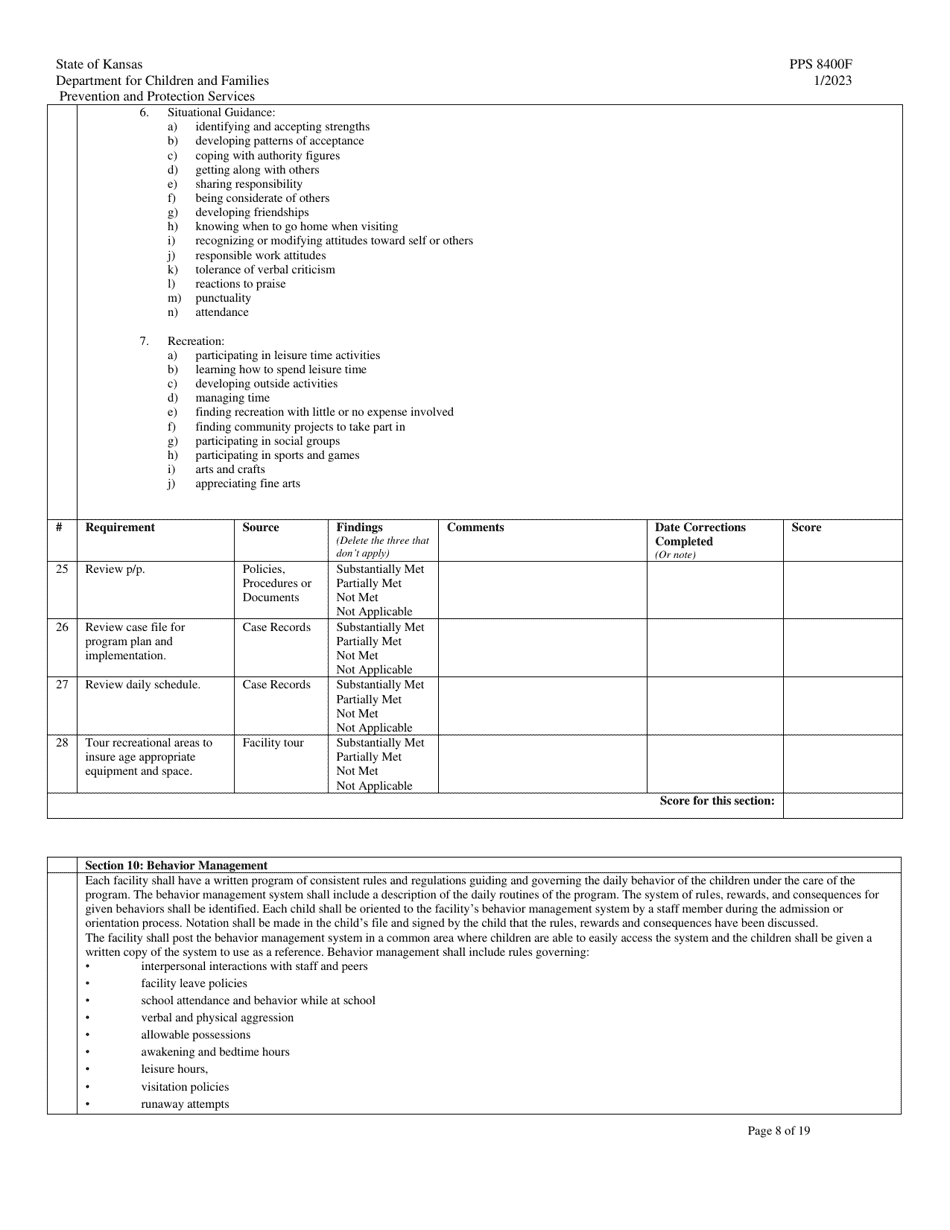 Form PPS8400F Staff Secure Facility (Ssf) Site Visit Tool - Kansas, Page 8