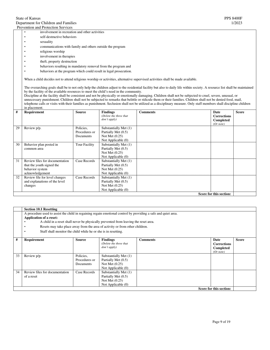 Form PPS8400F Staff Secure Facility (Ssf) Site Visit Tool - Kansas, Page 9