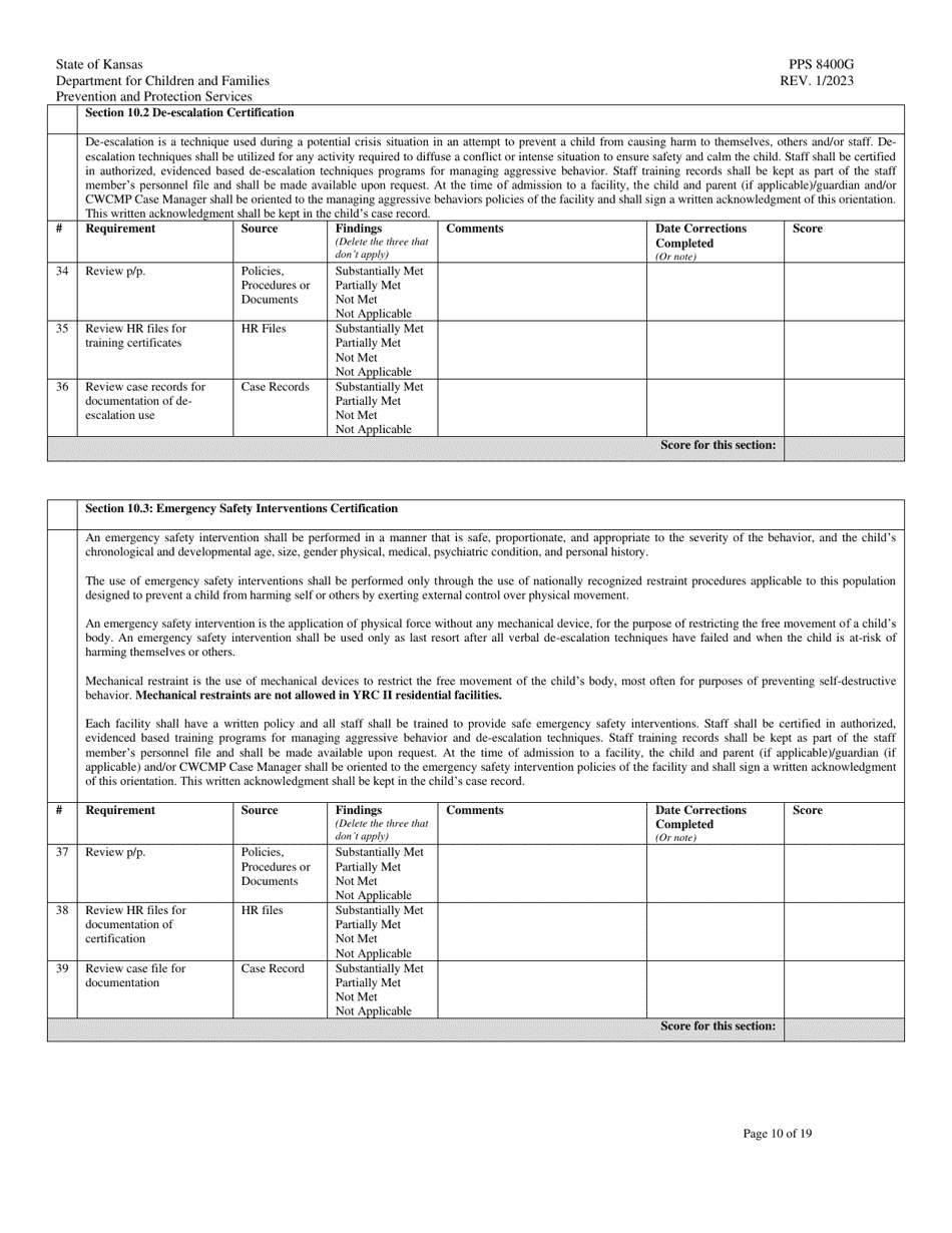 Form PPS8400G Youth Residential Center II (Yrcii) Site Visit Tool - Kansas, Page 10