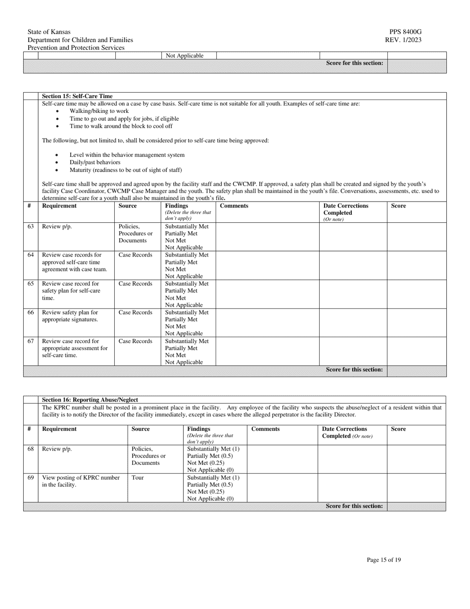 Form PPS8400G Youth Residential Center II (Yrcii) Site Visit Tool - Kansas, Page 15
