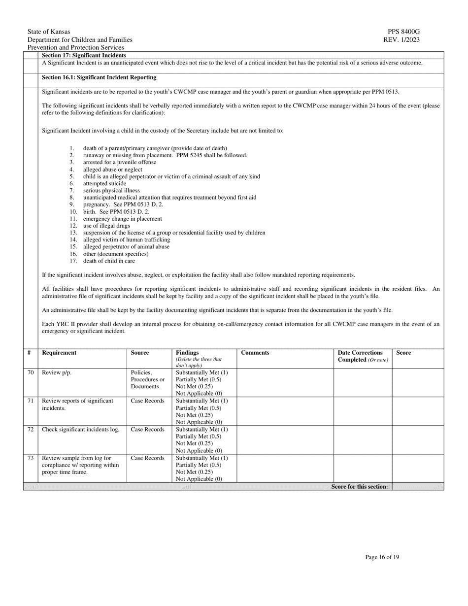 Form PPS8400G Youth Residential Center II (Yrcii) Site Visit Tool - Kansas, Page 16