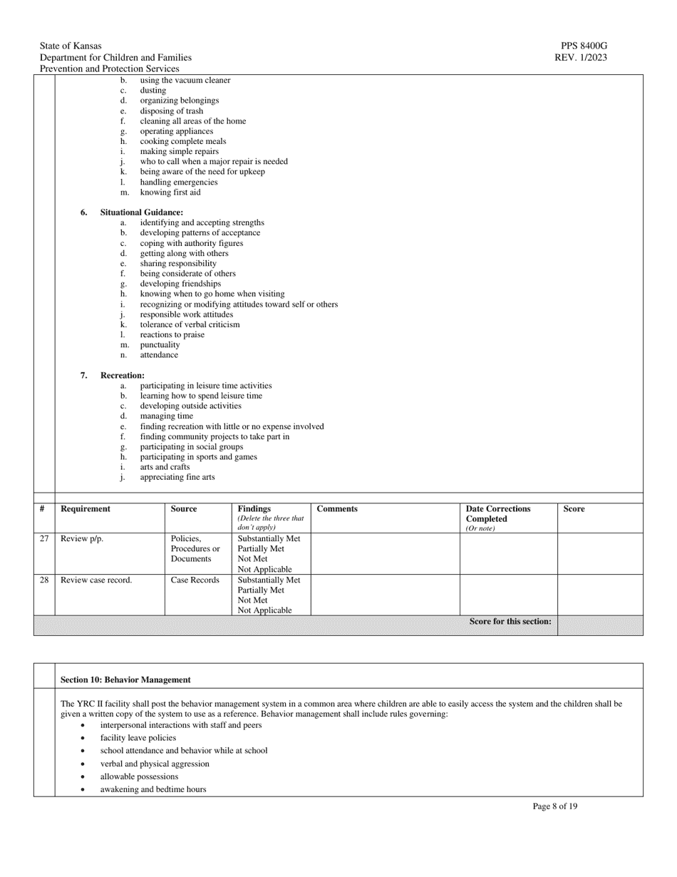 Form PPS8400G Youth Residential Center II (Yrcii) Site Visit Tool - Kansas, Page 8
