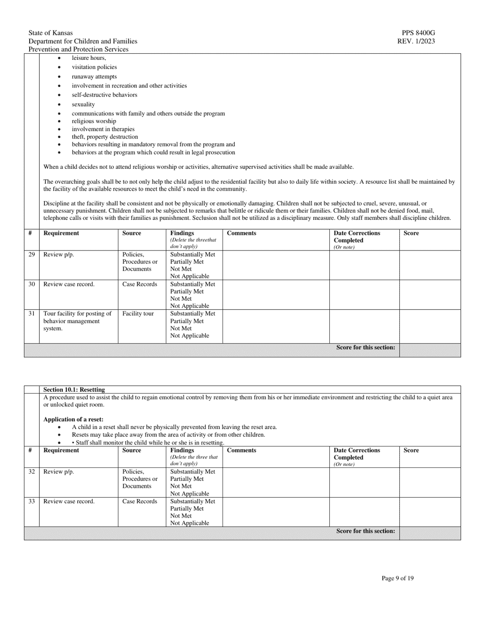 Form PPS8400G Youth Residential Center II (Yrcii) Site Visit Tool - Kansas, Page 9