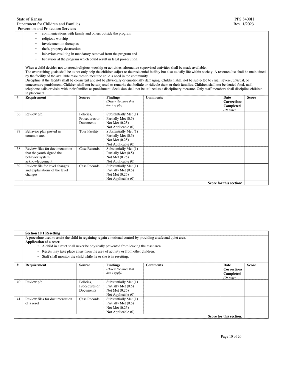 Form PPS8400H Quality Residential Treatment Program (Qrtp) Site Visit Tool - Kansas, Page 10