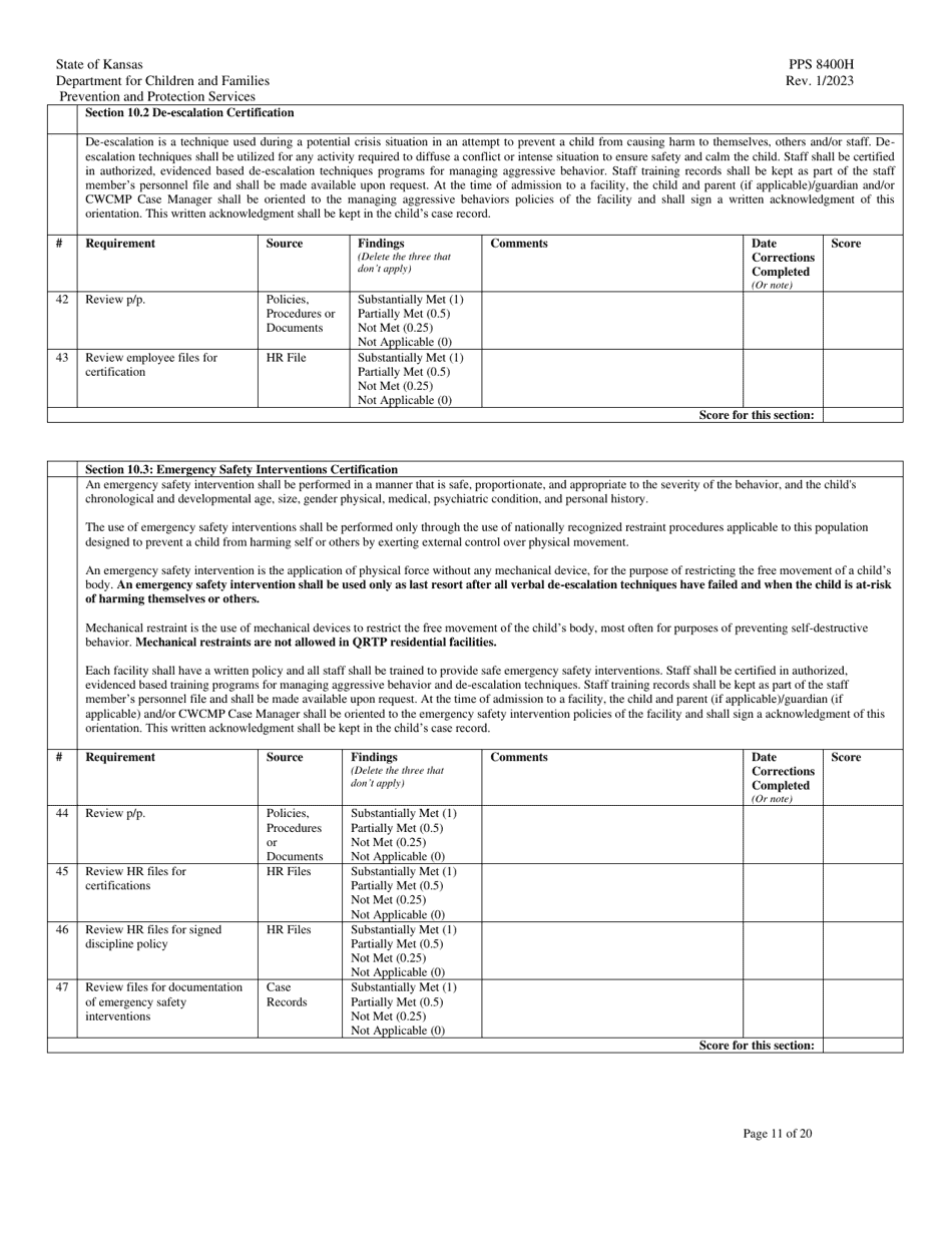 Form PPS8400H Quality Residential Treatment Program (Qrtp) Site Visit Tool - Kansas, Page 11