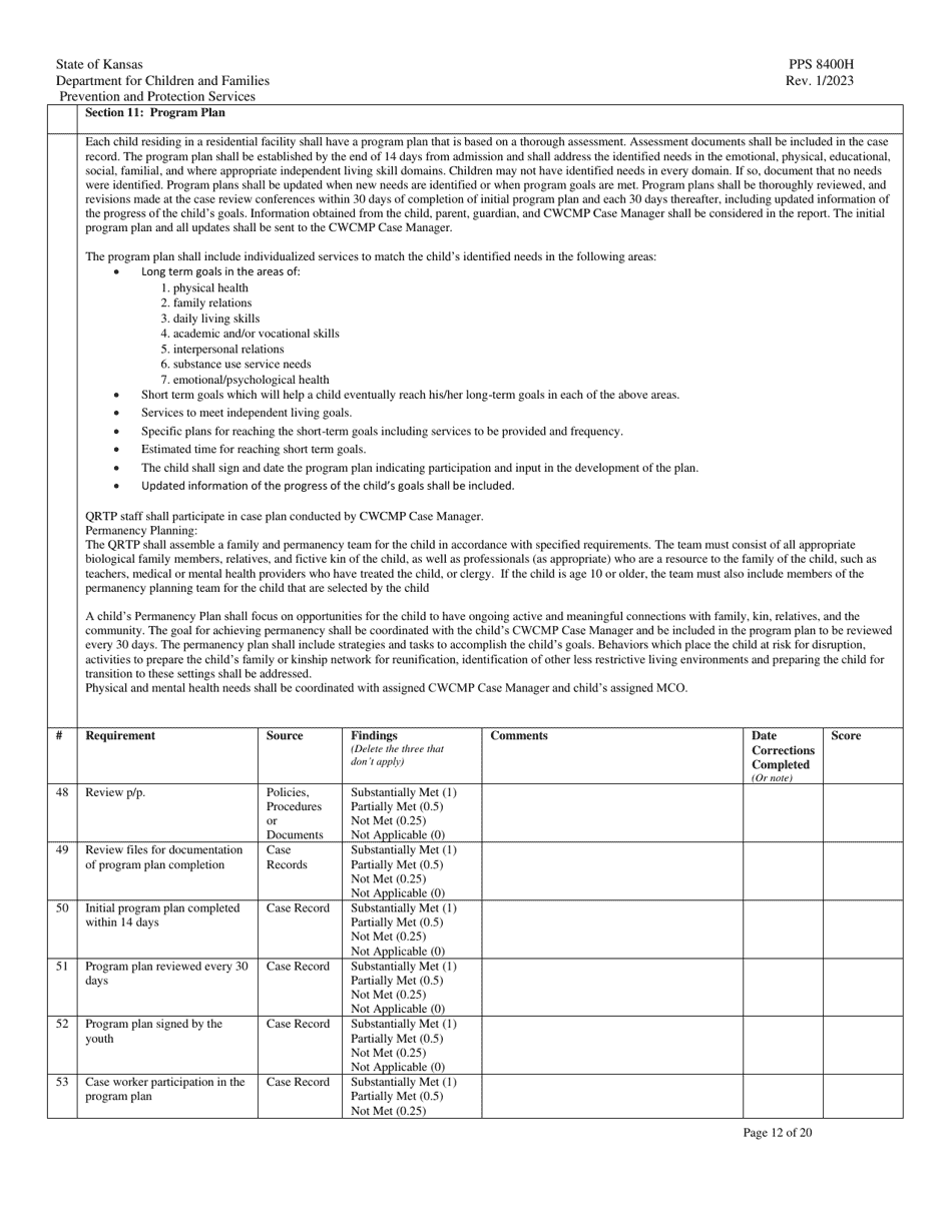 Form PPS8400H Quality Residential Treatment Program (Qrtp) Site Visit Tool - Kansas, Page 12